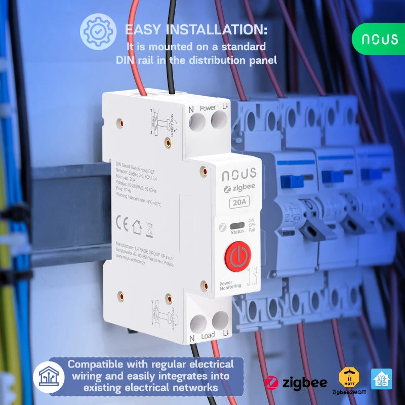 Nous - Zigbee DIN Rail Module + Power Measurement 20A (D2Z)