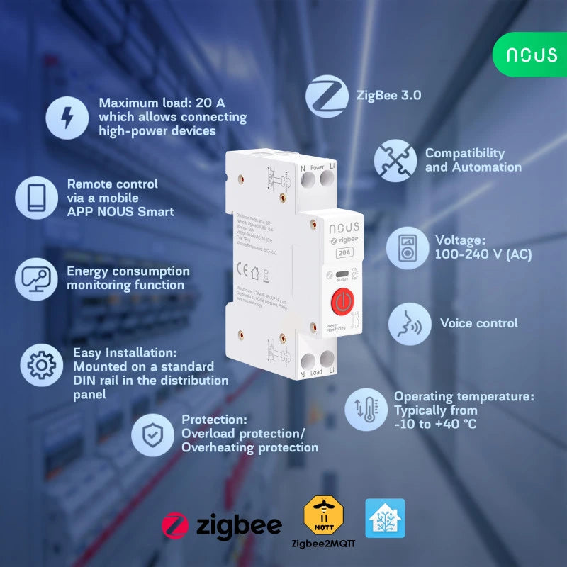 Nous - Zigbee DIN Rail Module + Power Measurement 20A (D2Z)