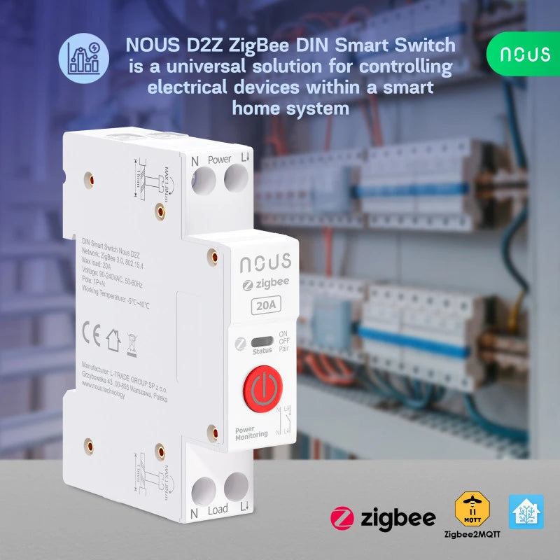 Nous - Zigbee DIN Rail Module + Power Measurement 20A (D2Z)