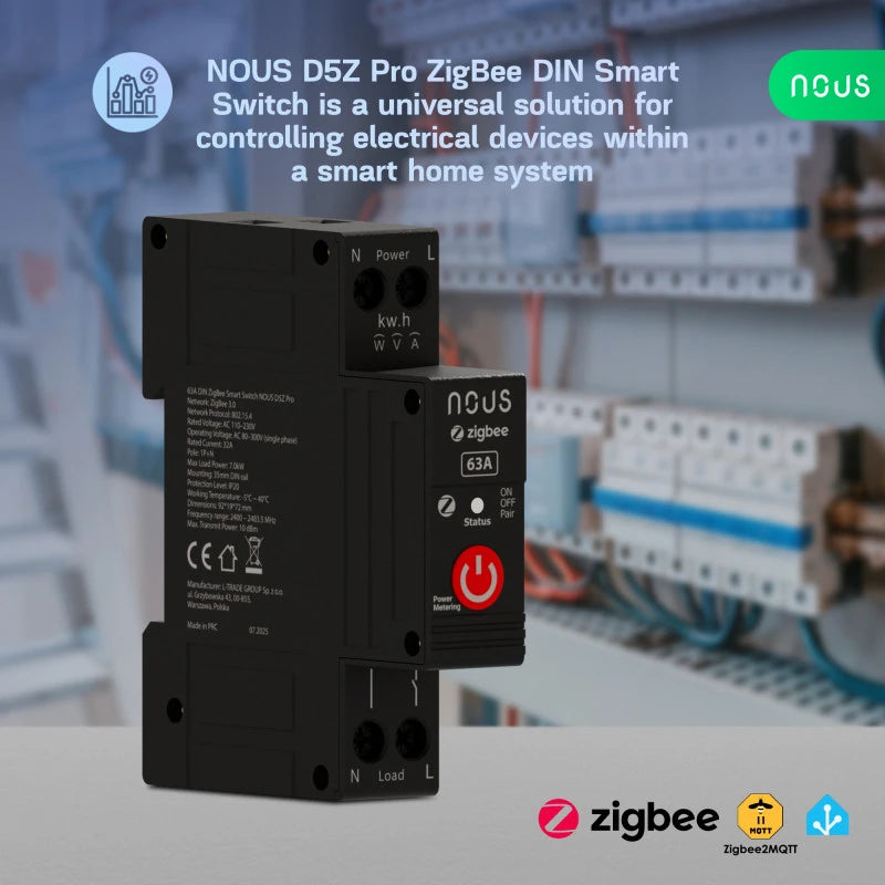 Nous - 63A Zigbee DIN Rail Module + consumption meter D5Z