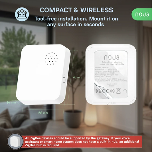 Nous E14 - Zigbee Tuya vibration sensor with alarm, compatible with Zigbee2Mqtt and Home Assistant