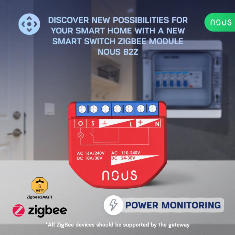Nous - Zigbee ON/OFF module + Consumption measurement (10A DC, 16A AC) B2Z
