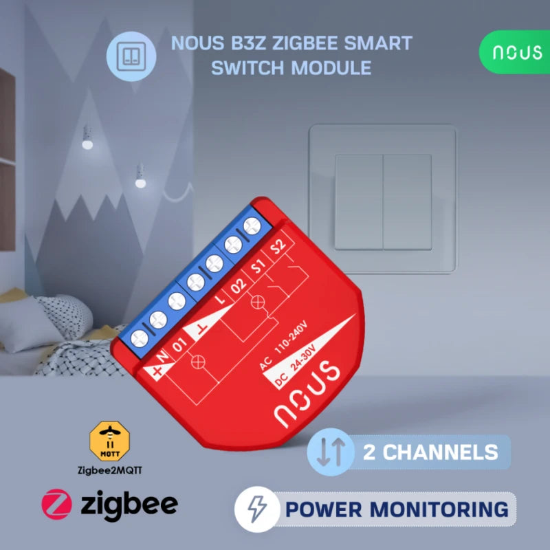 Nous - Zigbee ON/OFF module + Consumption measurement - 2 loads B3Z