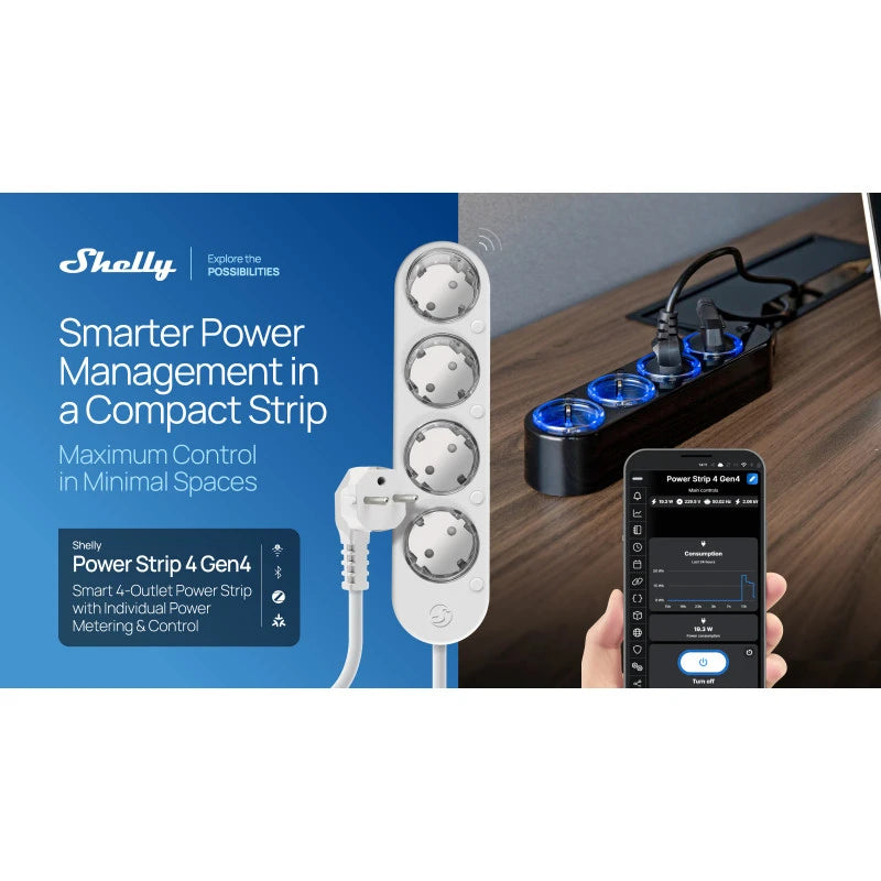 Shelly - Matter, Zigbee, WIFI Power Strip Gen4 White SHELLYPOWERSTRIP4W