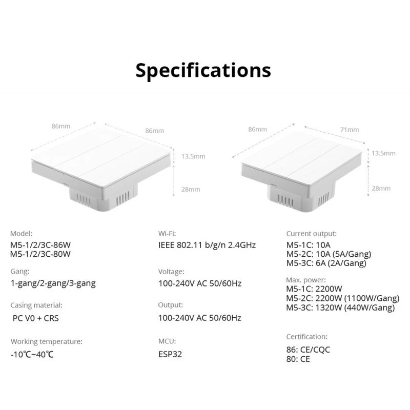 Sonoff - WIFI Matter Smart Wall Switch (White) - 1 Channel M5-1C-86W