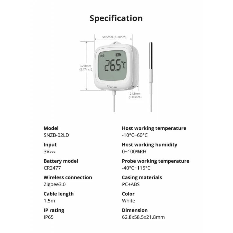 Sonoff - Zigbee teplotní senzor s displejem a externí sondou IP65 SNZB-02LD