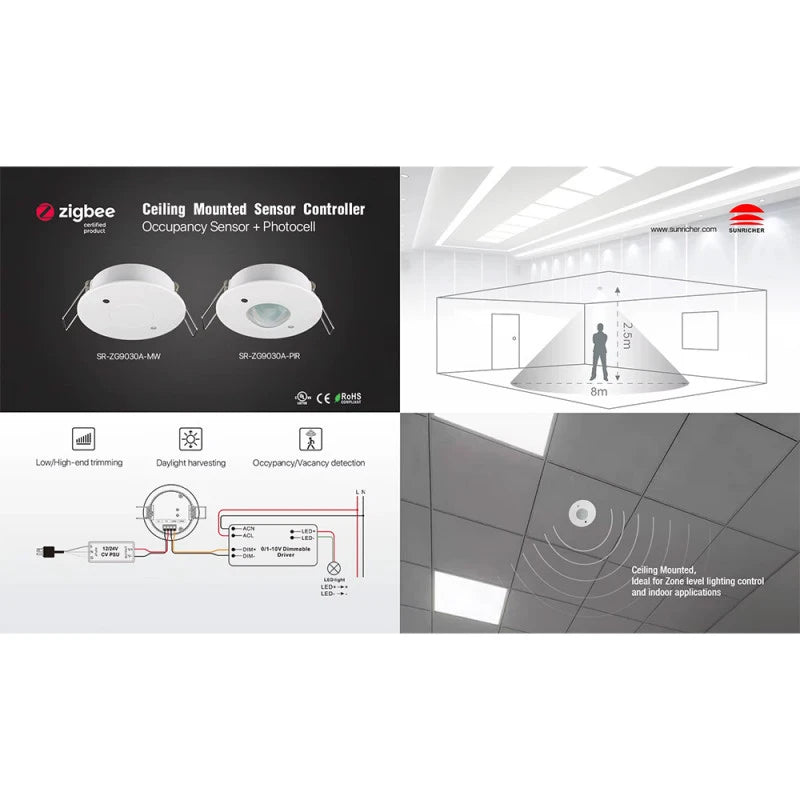 Sunricher - Microwave motion sensor 12-24V DC Zigbee, 0/1-10V output
