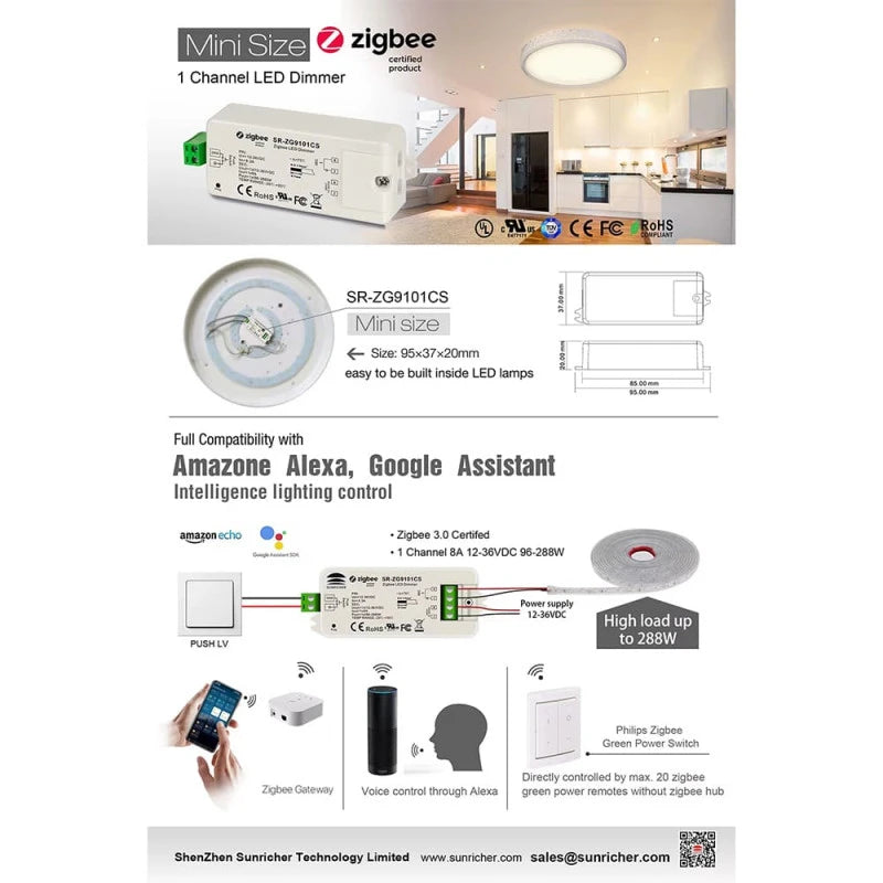 Sunricher - Zigbee LED Controller, 1 channel, 8A, 12-48V DC SR-ZG9101CS