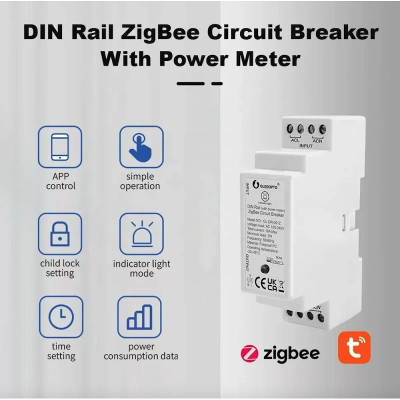 Gledopto GL-DR-001Z - DIN rail relay module with energy meter