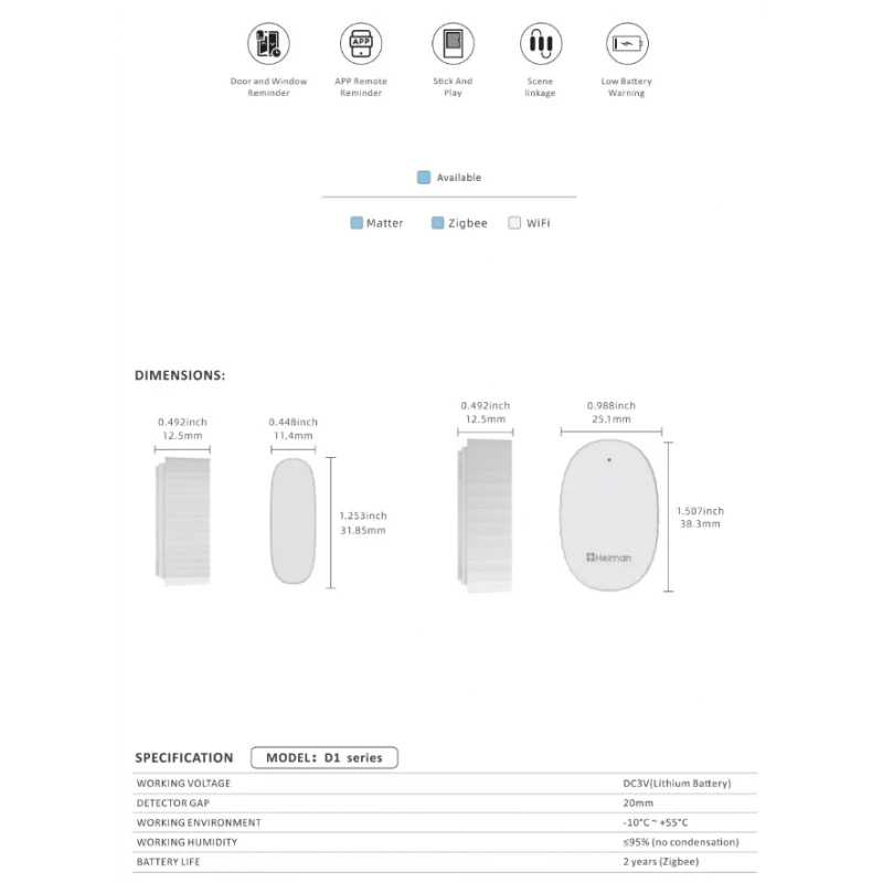 Heiman - Kierteen ylittävä materiaali -ovi- tai ikkuna-anturi D1-M
