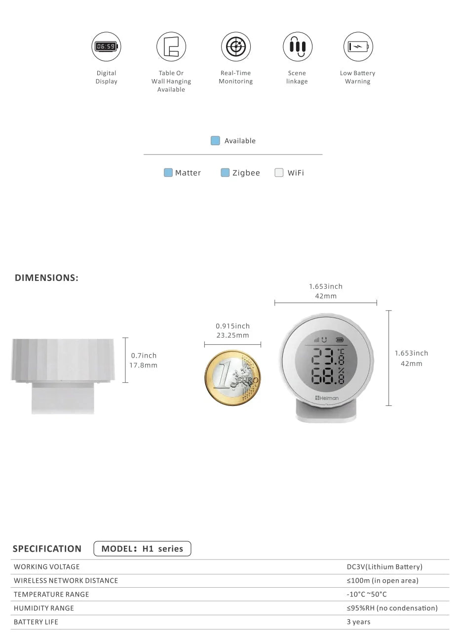 Heiman - Matter Over Thread -lämpötila- ja kosteusanturi H1-M