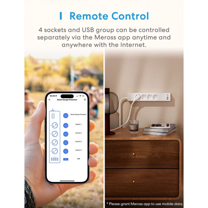 Meross - WiFi Matter Power Strip 16A with 4 outlets + 4 USB ports