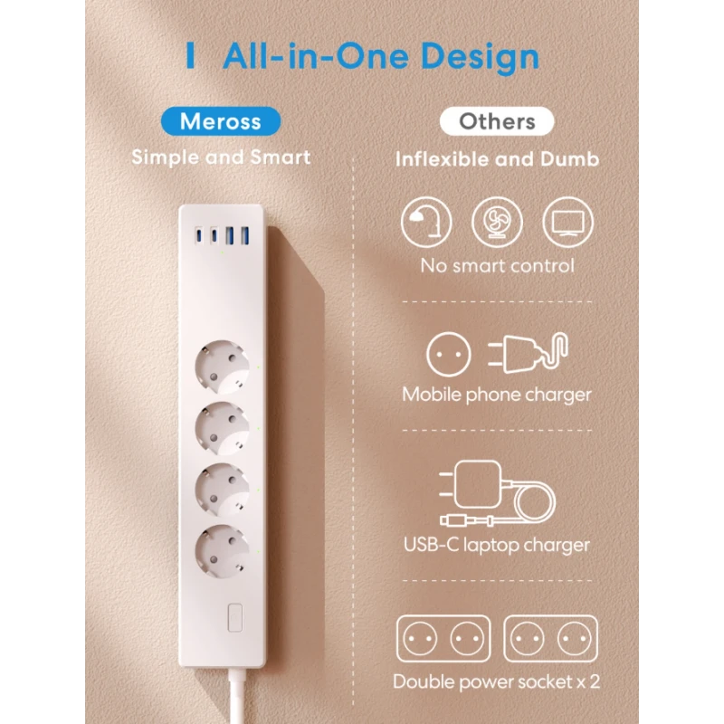 Meross - WiFi Matter Power Strip 16A with 4 outlets + 4 USB ports