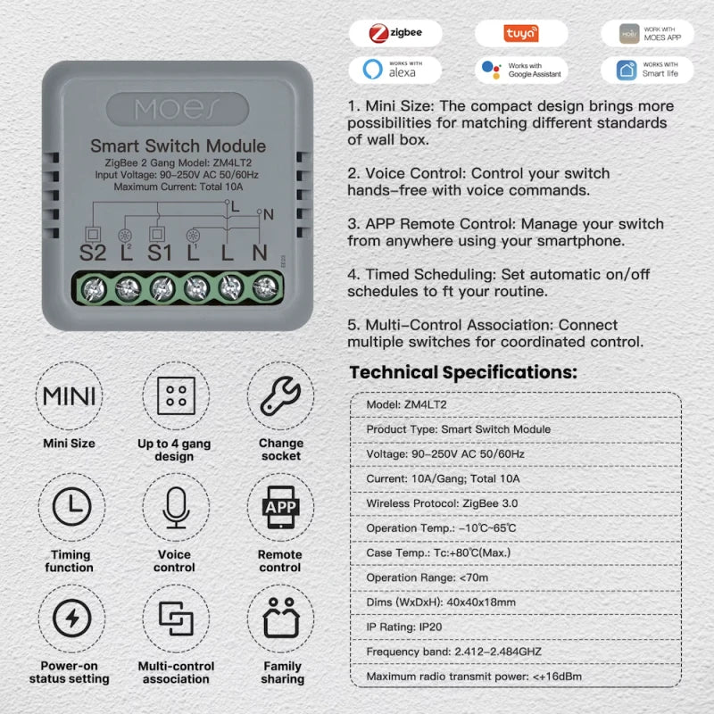 Moes - 4-channel Zigbee Tuya ON/OFF module 90–250 V, 5 A max