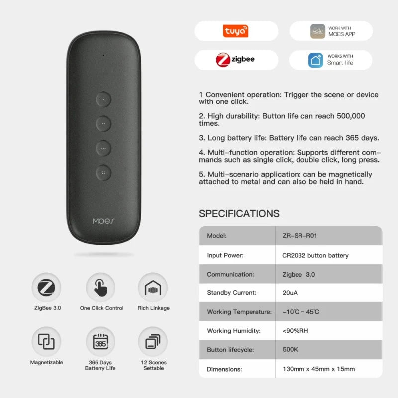 Moes - Zigbee Tuya remote control - 12 scenarios Black
