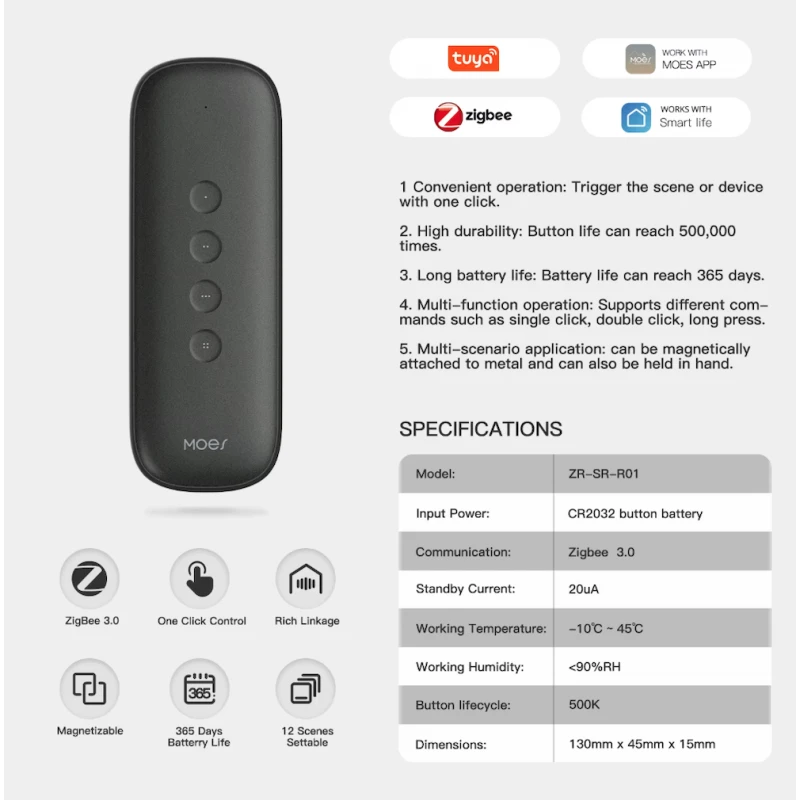 Moes - Tuya 4-button Zigbee remote control with 12 scenarios