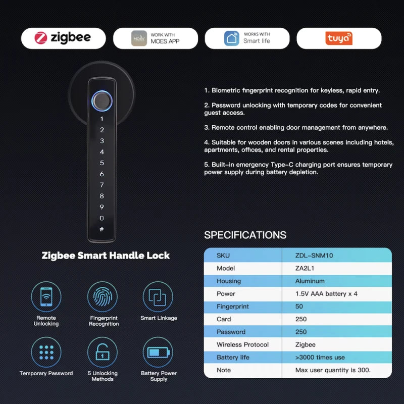 Moes - Zigbee Tuya door handle lock with fingerprint recognition