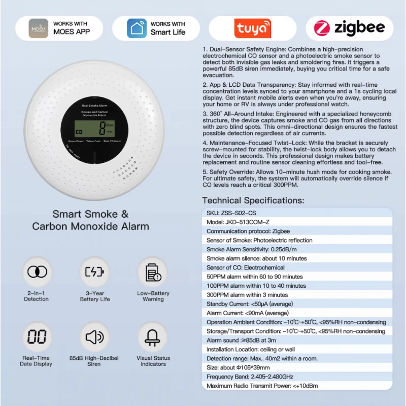 Moes - Zigbee smoke and carbon monoxide detector