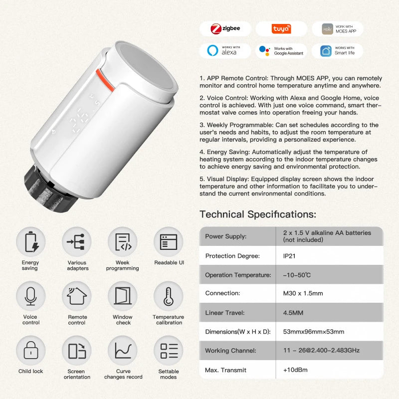 Moes - Zigbee Thermostatic Valve Tuya Smart Life ZTRV-S01