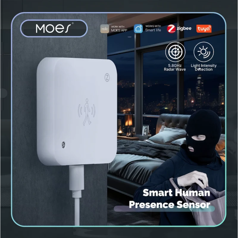 Moes - Zigbee Tuya human presence detector + luminosity USB 5V