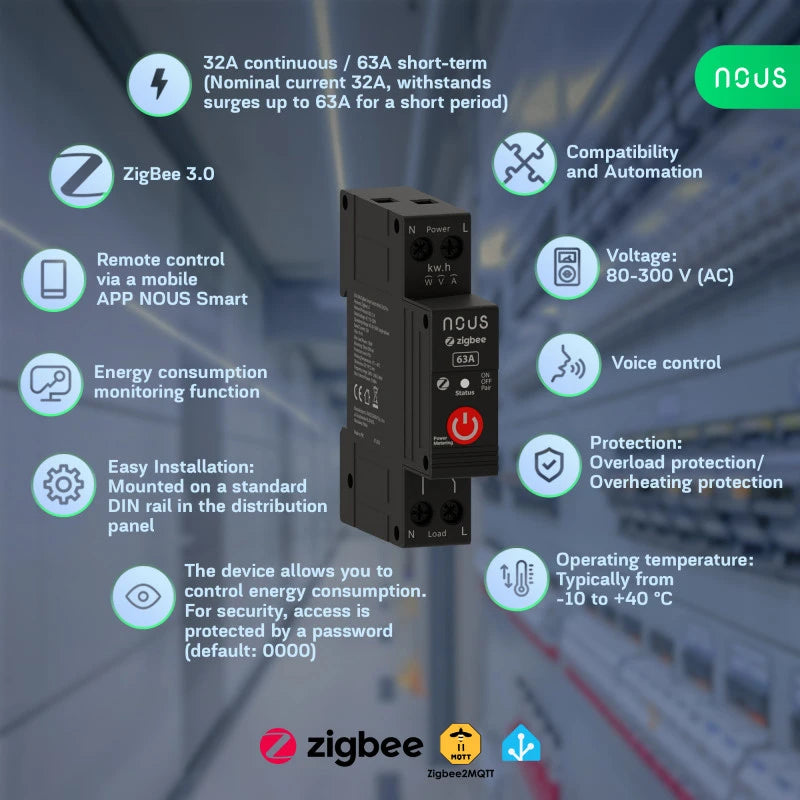 Nous - 63A Zigbee DIN Rail Module + consumption meter D5Z