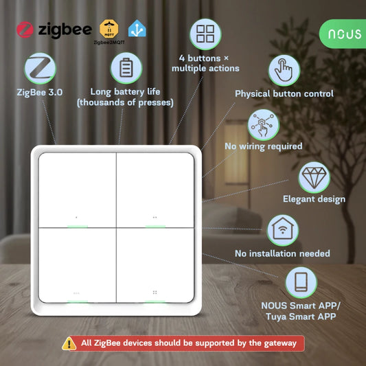 Nous C1 - Zigbee Tuya 4-button switch compatible Zigbee2Mqtt, Home Assistant and Smart Life