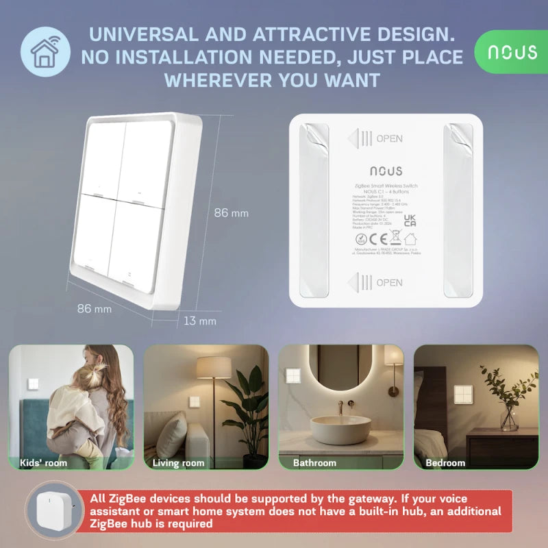 Nous C1 - Zigbee Tuya 4-button switch compatible Zigbee2Mqtt, Home Assistant and Smart Life