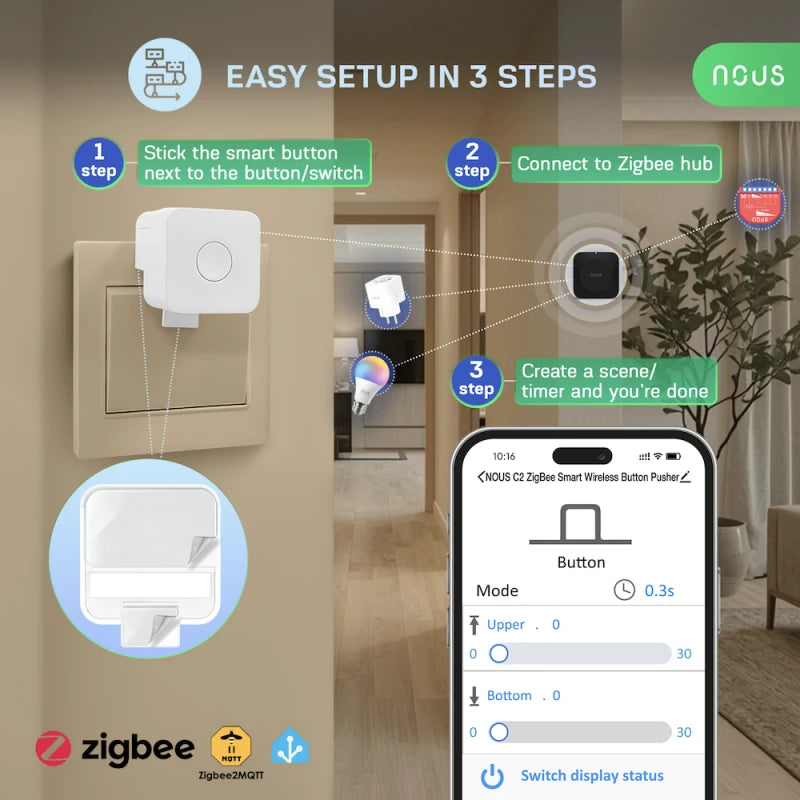 Nous C2 - Zigbee Tuya Fingerbot compatible with Zigbee2Mqtt, Home Assistant and Smart Life