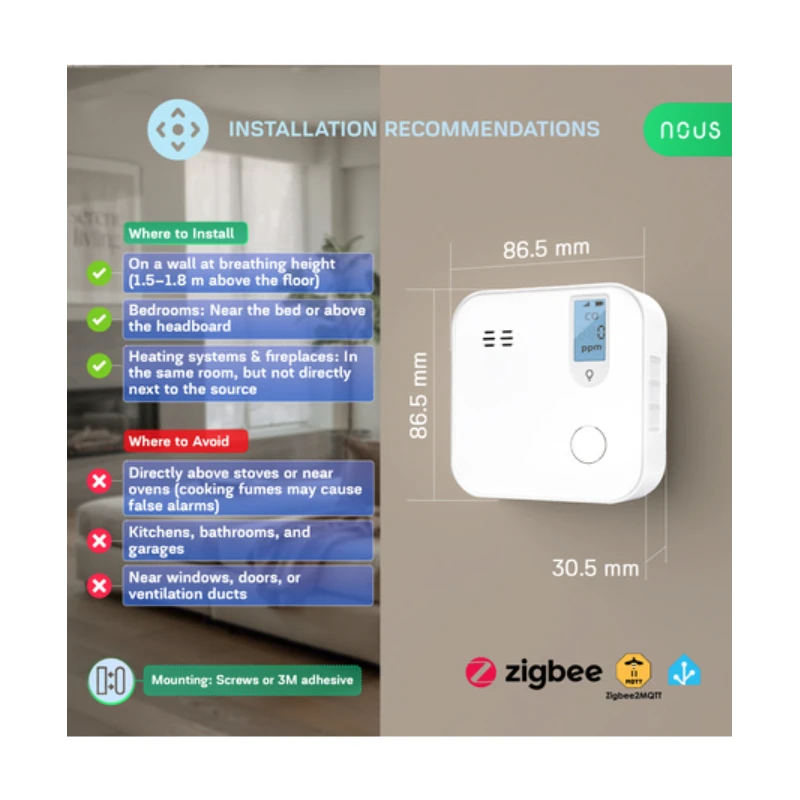 Nous - Zigbee carbon monoxide detector with +85 dB alarm E12