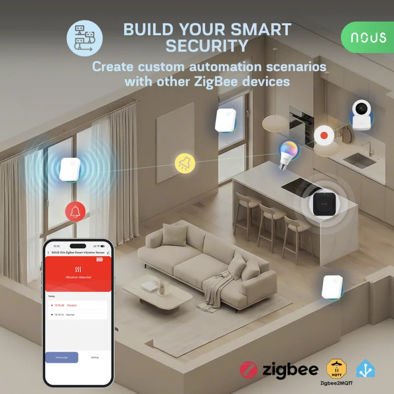 Nous E14 - Zigbee Tuya vibration sensor with alarm, compatible with Zigbee2Mqtt and Home Assistant