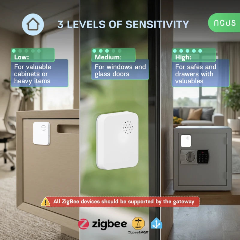 Nous E14 - Zigbee Tuya vibration sensor with alarm, compatible with Zigbee2Mqtt and Home Assistant
