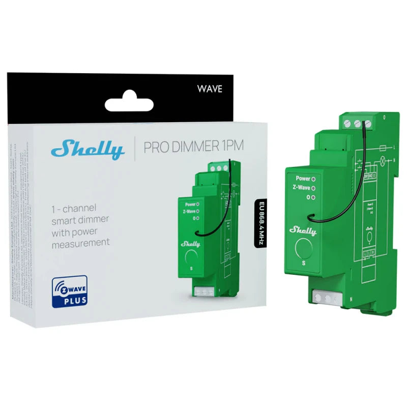 Shelly – 1-kanavainen Z-Wave+ 800 DIN-kiskoon asennettava himmennysmoduuli energiankulutuksen mittauksella Shelly Wave Pro Dimmer 1PM