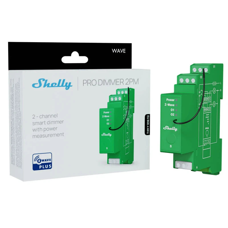 SHELLY - 2-kanavainen Z-Wave+ 800 DIN-kiskoon asennettava himmenninmoduuli energianmittauksella Shelly Wave Pro Dimmer 2PM