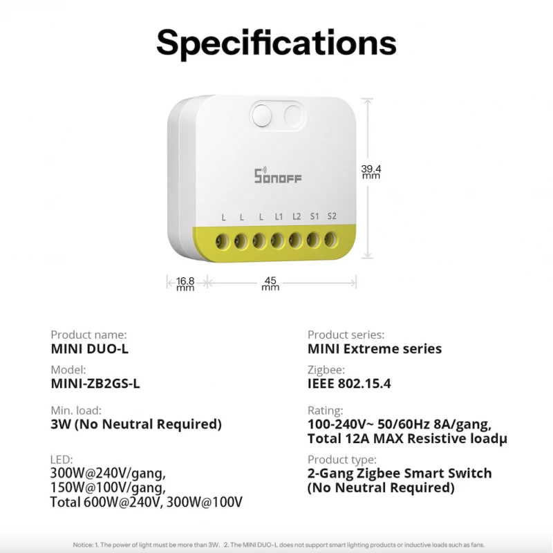 Sonoff - 2-channel Zigbee switch without neutral MINI DUO-L