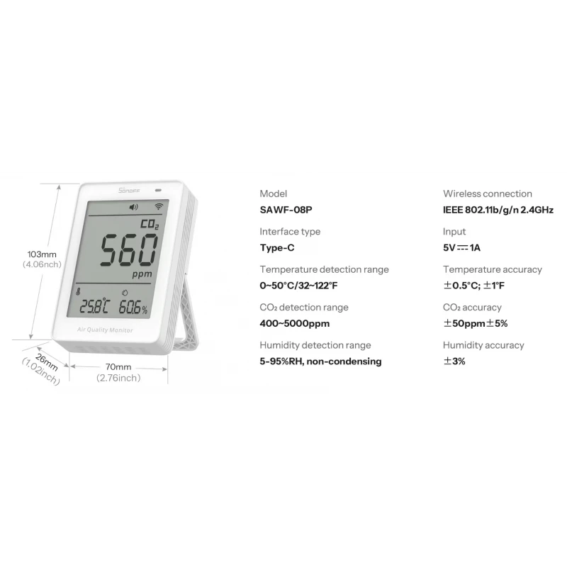 Sonoff - Matter Wi-Fi Air quality and CO2 monitor with display AirGuard SAWF-08P