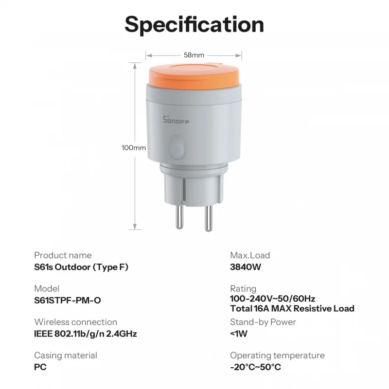 Sonoff S61S - Matter WIFI Outdoor Smart Plug IP44 + Energy Meter