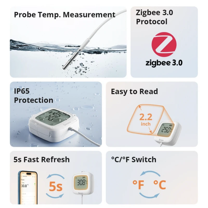 Sonoff - Αισθητήρας θερμοκρασίας Zigbee με οθόνη και τηλεχειριστήριο IP65 SNZB-02LD