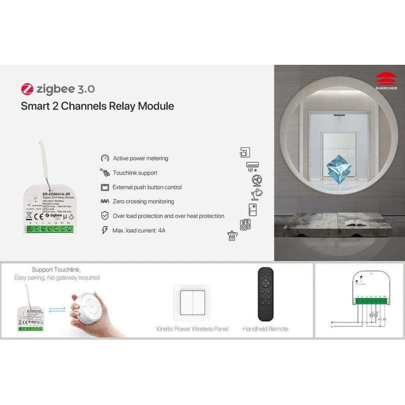 Sunricher - Zigbee 2-channel relay module 100-240V AC 4 max SR-ZG9041A-2R